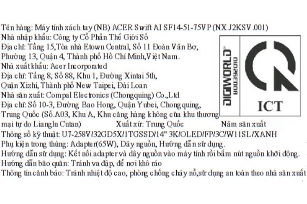 Laptop Acer Swift AI SF14 51 75VP - NX.J2KSV.001 (Ultra 7 258V, 32GB, 1TB, 2.8K OLED 90Hz, Win11) Màu Xanh