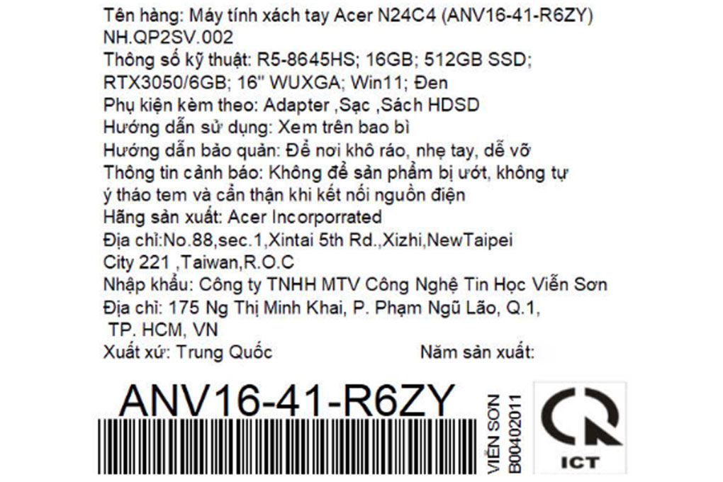 Laptop Acer Gaming Nitro ProPanel ANV16 41 R6ZY - NH.QP2SV.002 (R5 8645HS, 16GB, 512GB, RTX 3050 6GB, WUXGA 165Hz, Win11) Màu Xám