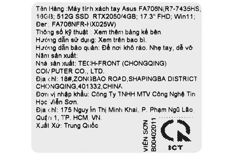 Laptop Asus TUF Gaming A17 FA706NFR - HX025W (R7 7435HS, 16GB, 512GB, RTX 2050 4GB, Full HD 144Hz, Win11) Màu Đen