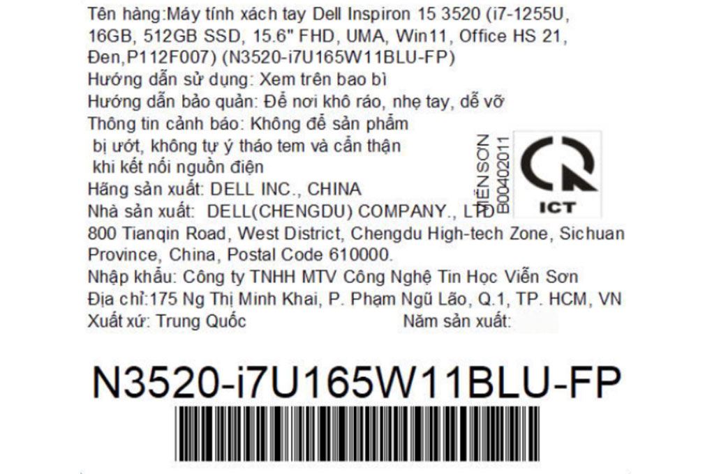 Laptop Dell Inspiron 15 3520 - N3520-i7U165W11BLU-FP (i7 1255U, 16GB, 512GB, Full HD 120Hz, OfficeHS, Win11) Màu Đen