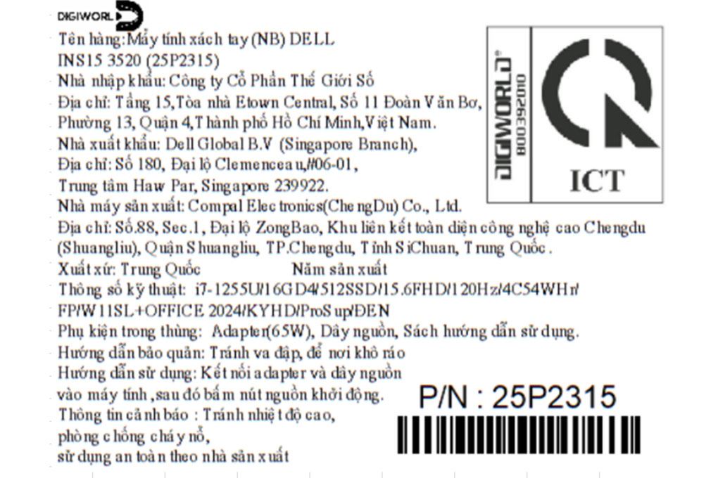 Laptop Dell Inspiron 15 3520 - 25P2315 (i7 1255U, 16GB, 512GB, Full HD 120Hz, OfficeHS, KYHD, Win11) Màu Đen