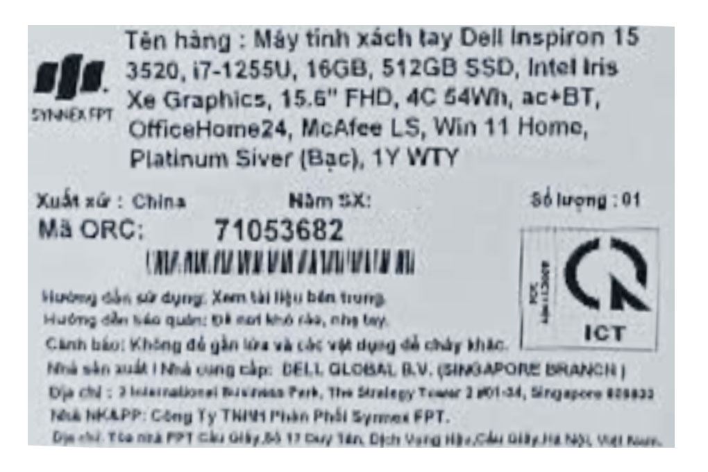Laptop Dell Inspiron 15 3520 - 71053682 (i7 1255U, 16GB, 512GB, Full HD 120Hz, OfficeHS, Win11) Màu Bạc