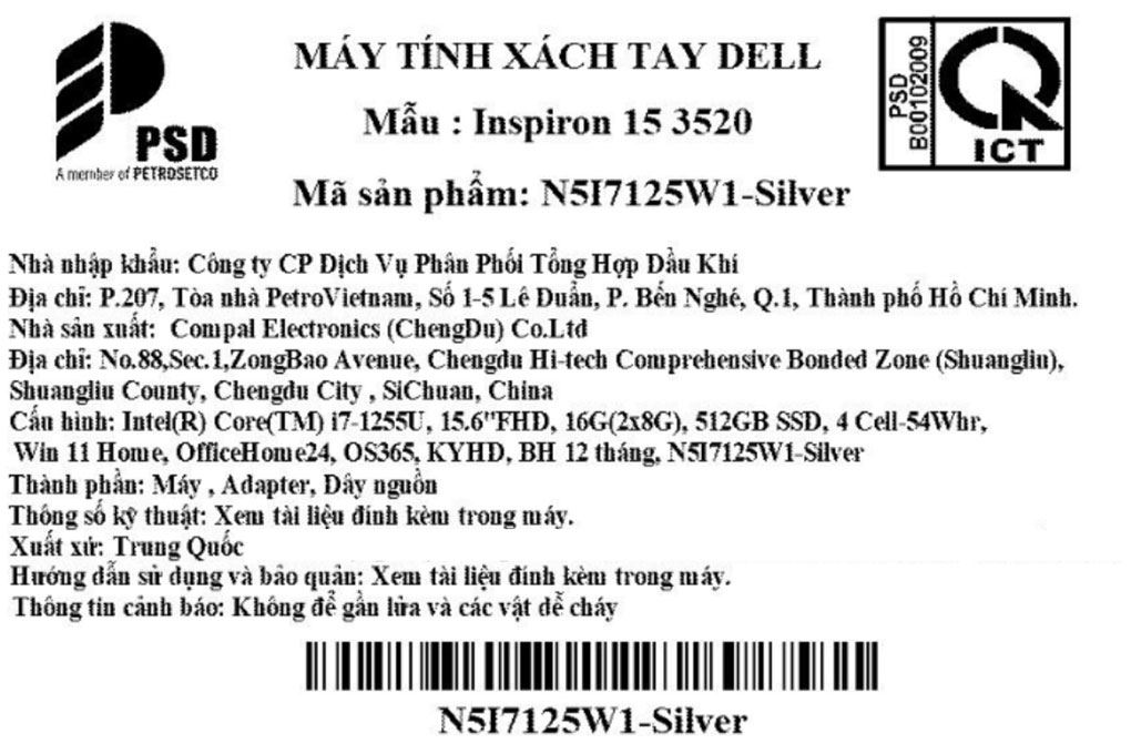 Laptop Dell Inspiron 15 3520 - N5I7125W1 (i7 1255U, 16GB, 512GB, Full HD 120Hz, OfficeHS, KYHD, Win11) Màu Bạc