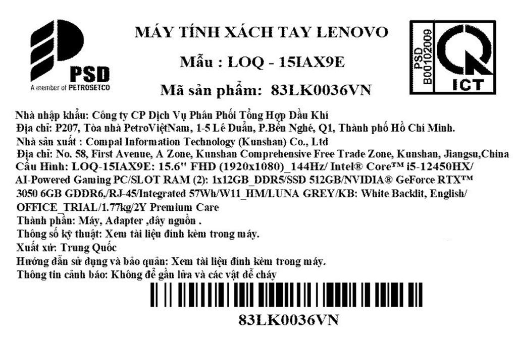 Laptop Lenovo Gaming LOQ 15IAX9E - 83LK0036VN (i5 12450HX, 12GB, 512GB, RTX 3050 6GB, Full HD 144Hz, Win11) - 15