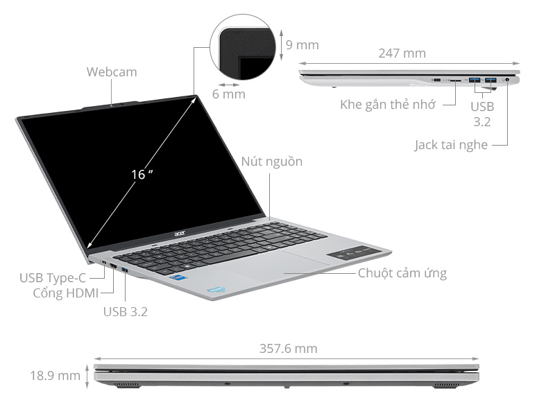 Acer Aspire Lite 16 G2 AL16 52P 572A - NX.J2SSV.004 (i5 1334U, 16GB, 512GB, Full HD+, Win11)
