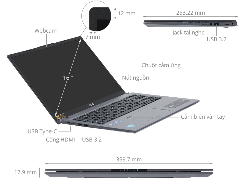 Acer Aspire 16 AI A16 71M 59L5 - NX.J4YSV.001 (Ultra 5 125H, 16GB, 512GB, Full HD+, Win11)