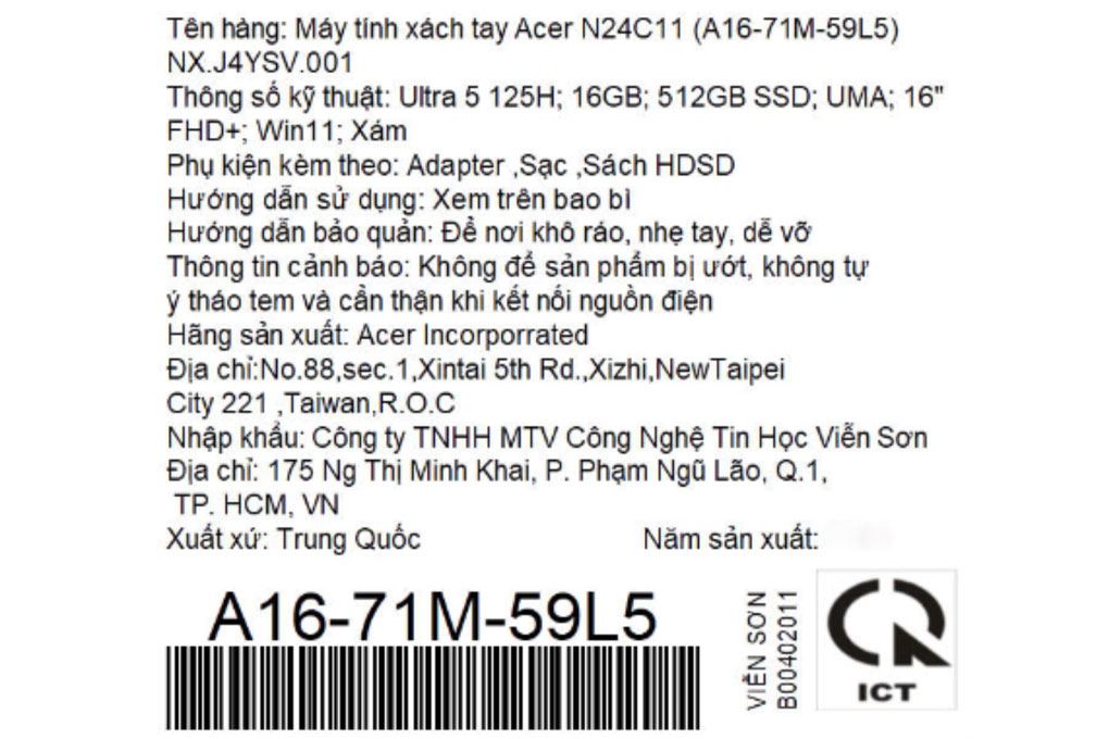 Laptop Acer Aspire 16 AI A16 71M 59L5 - NX.J4YSV.001 (Ultra 5 125H, 16GB, 512GB, Full HD+, Win11) - 17