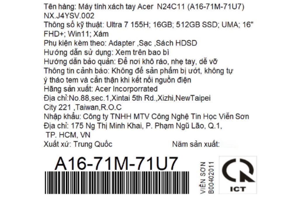 Laptop Acer Aspire 16 AI A16 71M 71U7 - NX.J4YSV.002 (Ultra 7 155H, 16GB, 512GB, Full HD+, Win11) - 18