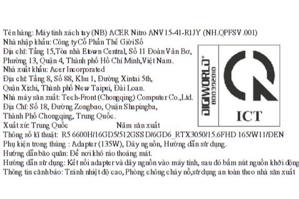 Laptop Acer Gaming Nitro V 15 ANV15 41 R1JY - NH.QPFSV.001 (R5 6600H, 16GB, 512GB, RTX 3050 6GB, Full HD 165Hz, Win11) Màu Đen