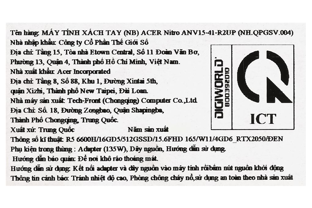 Laptop Acer Gaming Nitro V 15 ANV15 41 R2UP - NH.QPGSV.004 (R5 6600H, 16GB, 512GB, RTX 2050 4GB, Full HD 165Hz, Win11) - 16