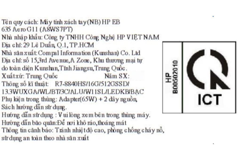 Laptop HP Elitebook 635 Aero G11 - A8WS7PT (R7 8840HS, 16GB, 512GB, WUXGA, Win11) Màu Bạc