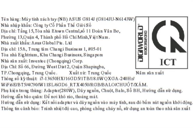 Laptop Asus Gaming ROG Strix G18 G814JU - N6143W (i7 13650HX, 16GB, 1TB, RTX 4050 6GB, QHD+ 240Hz, Win11) Màu Xám