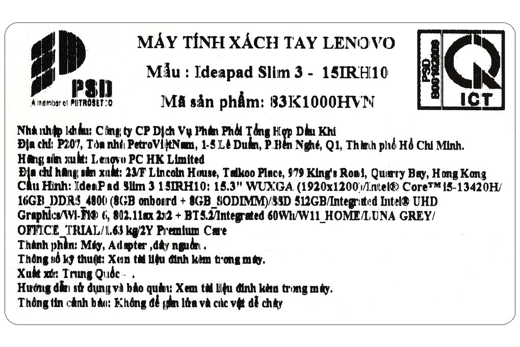 Laptop Lenovo IdeaPad Slim 3 15IRH10 - 83K1000HVN (i5 13420H, 16GB, 512GB, WUXGA, Win11) - 16