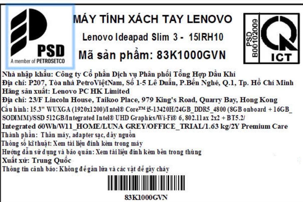 Laptop Lenovo IdeaPad Slim 3 15IRH10 - 83K1000GVN (i5 13420H, 24GB, 512GB, WUXGA, Win11) Màu Xám