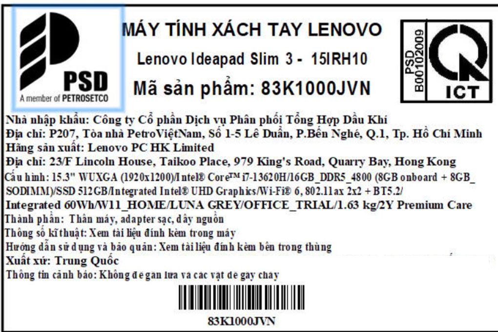 Laptop Lenovo IdeaPad Slim 3 15IRH10 - 83K1000JVN (i7 13620H, 16GB, 512GB, WUXGA, Win11) - 9
