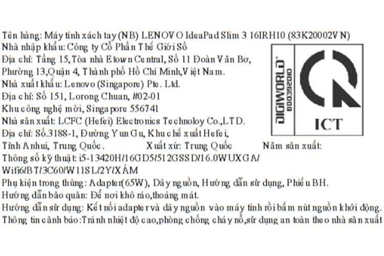 Laptop Lenovo IdeaPad Slim 3 16IRH10 - 83K20002VN (i5 13420H, 16GB, 512GB, WUXGA, Win11) Màu Xám