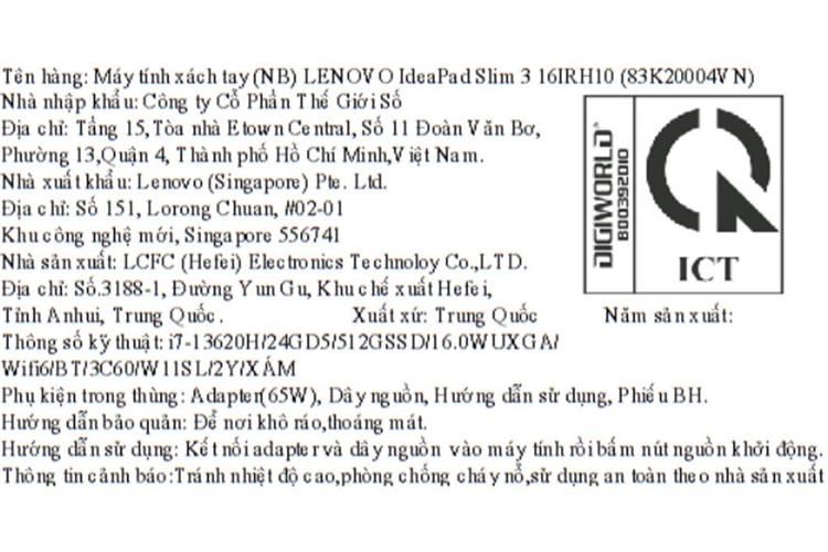 Laptop Lenovo IdeaPad Slim 3 16IRH10 - 83K20004VN (i7 13620H, 24GB, 512GB, WUXGA, Win11) Màu Xám