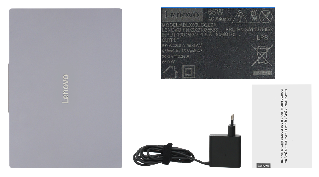 Bộ sản phẩm gồm: Sách hướng dẫn, Thùng máy, Sạc Laptop Lenovo ( 65W USB-C )