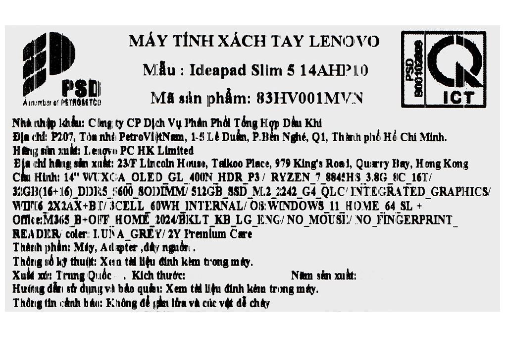 Laptop Lenovo IdeaPad Slim 5 OLED 14AHP10 - 83HV001MVN (R7 8845HS, 32GB, 512GB, WUXGA OLED, OfficeH24+365, Win11) Màu Xám