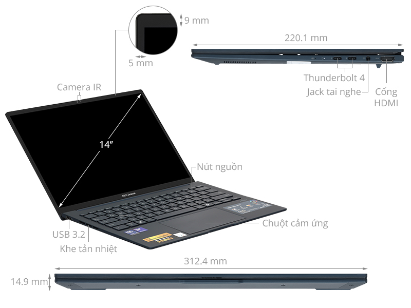 Asus Zenbook 14 UX3405CA - PZ187WS (Ultra 5 225H, 16GB, 512GB, 2.8K OLED 120Hz, Cảm ứng, OfficeH24+365, Win11)