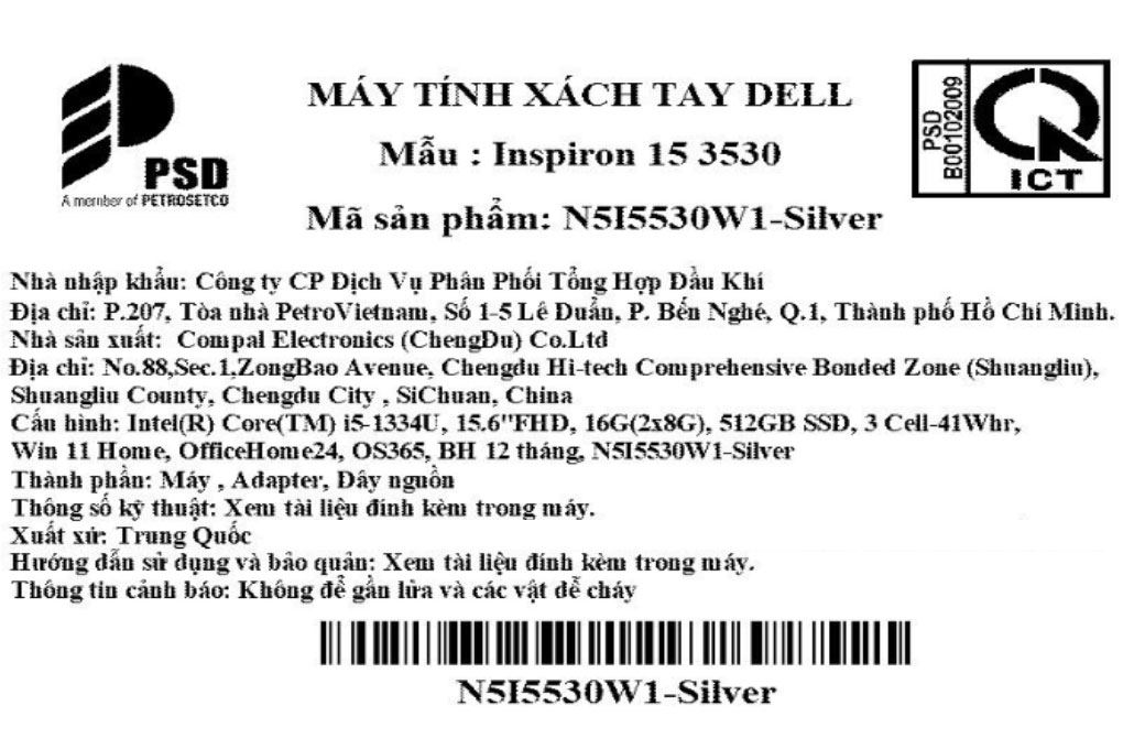 Laptop Dell Inspiron 15 3530 - N5I5530W1 (i5 1334U, 16GB, 512GB, Full HD 120Hz, OfficeH24+365, Win11) Màu Bạc