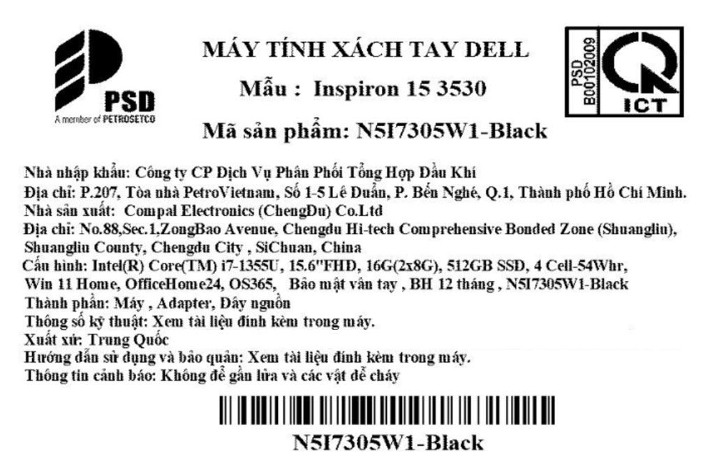 Laptop Dell Inspiron 15 3530 - N5I7305W1 (i7 1355U, 16GB, 512GB, Full HD 120Hz, Win11) - 15