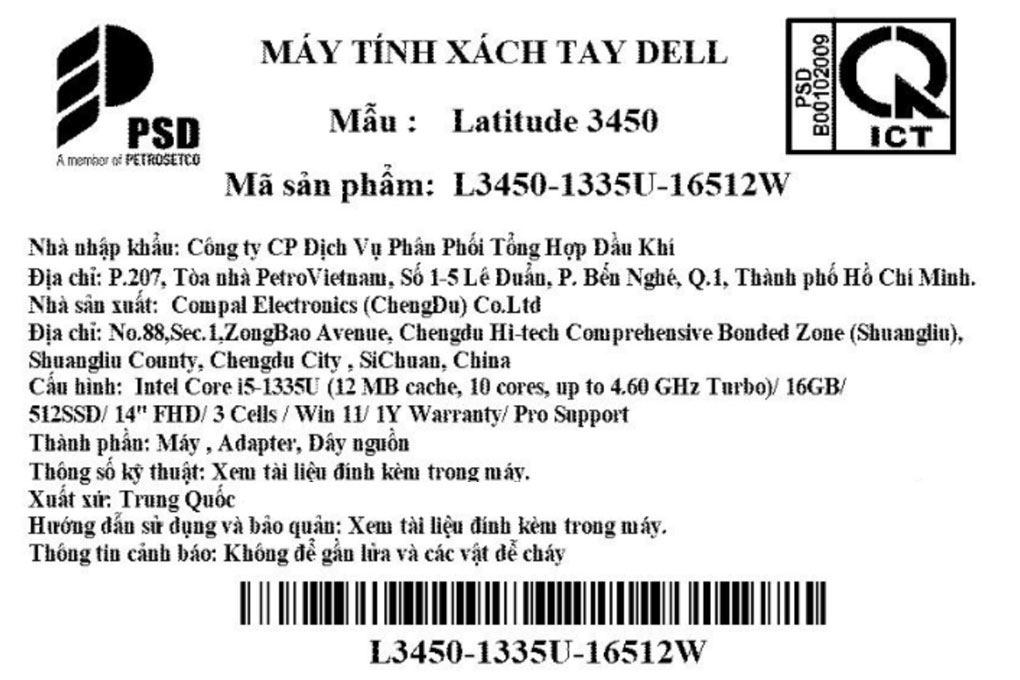 Laptop Dell Latitude 3450 - L3450-1335U-16512W (i5 1335U, 16GB, 512GB, Full HD, Win11) - 15