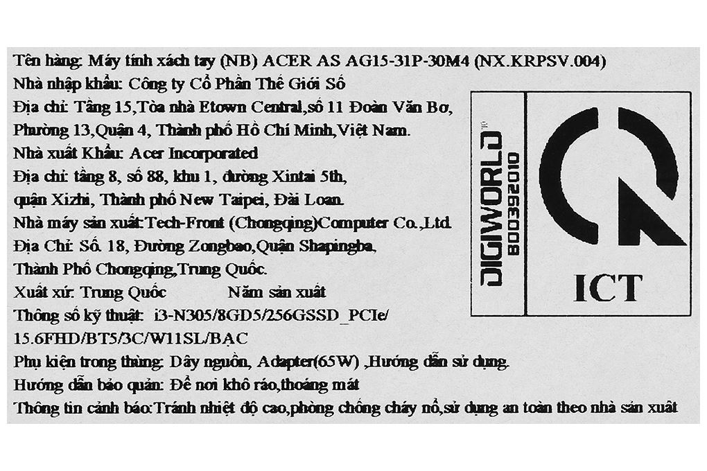 Laptop Acer Aspire Go AG15 31P 30M4 - NX.KRPSV.004 (i3 N305, 8GB, 256GB, Full HD, Win11) Màu Bạc