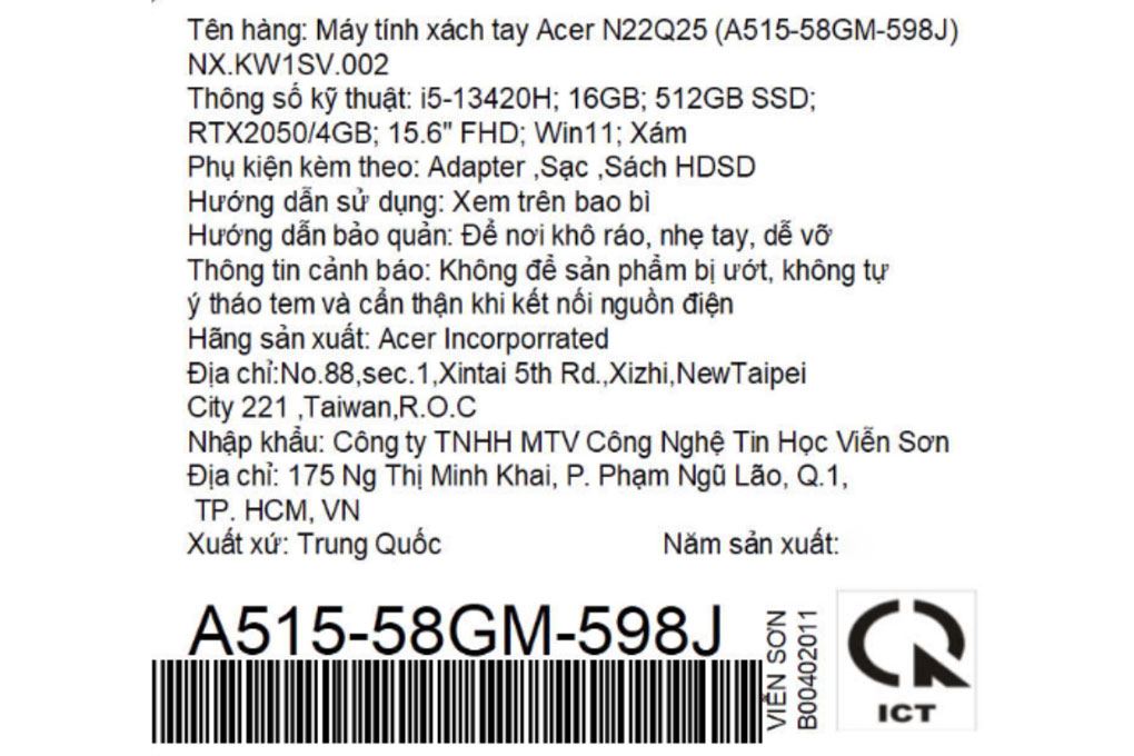 Laptop Acer Gaming Aspire 5 A515 58GM 598J - NX.KW1SV.002 (i5 13420H, 16GB, 512GB, RTX 2050 4GB, Full HD 144Hz, Win11) Màu Xám