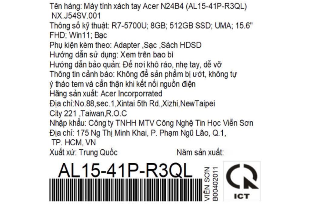 Laptop Acer Aspire Lite 15 AL15 41P R3QL - NX.J54SV.001 (R7 5700U, 8GB, 512GB, Full HD, Win11) Màu Bạc