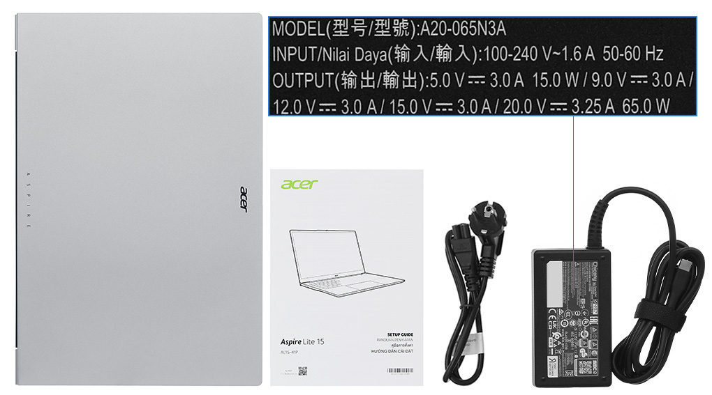 Bộ sản phẩm gồm: Sách hướng dẫn, Sạc Laptop Acer ( 65W USB-C ), Thùng máy