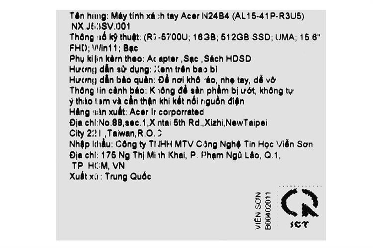 Laptop Acer Aspire Lite 15 AL15 41P R3U5 - NX.J53SV.001 (R7 5700U, 16GB, 512GB, Full HD, Win11) Màu Bạc