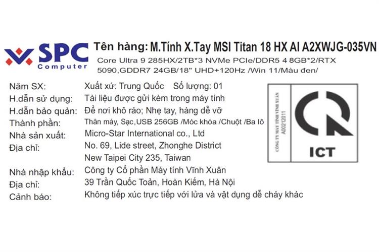 Laptop MSI Gaming Titan 18 HX AI A2XWJG - 035VN (Ultra 9 285HX, 96GB, 6TB, RTX 5090 24GB, 4K 120Hz, Win11) Màu Đen