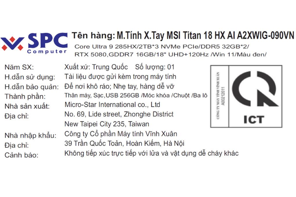 Laptop MSI Gaming Titan 18 HX AI A2XWIG - 090VN (Ultra 9 285HX, 64GB, 6TB, RTX 5080 16GB, 4K 120Hz, Win11) - 12