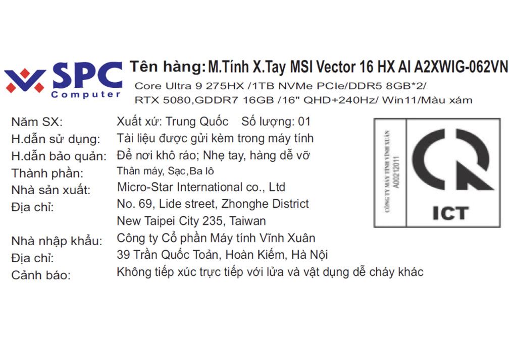 Laptop MSI Gaming Vector 16 HX AI A2XWIG - 062VN (Ultra 9 275HX, 16GB, 1TB, RTX 5080 16GB, QHD+ 240Hz, Win11) Màu Xám