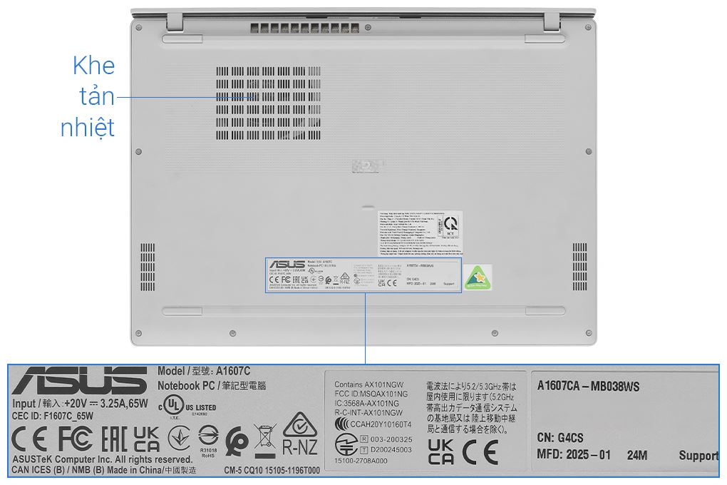 Laptop Asus Vivobook 16 A1607CA - MB038WS (Ultra 5 225H, 16GB, 512GB, WUXGA, OfficeH24+365, Win11) Màu Bạc