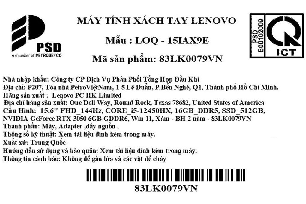 Laptop Lenovo Gaming LOQ 15IAX9E - 83LK0079VN (i5 12450HX, 16GB, 512GB, RTX 3050 6GB, Full HD 144Hz, Win11) Màu Xám