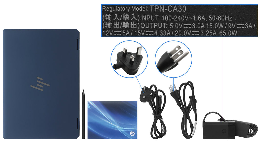 Bộ sản phẩm gồm: Sách hướng dẫn, Bút cảm ứng, Thùng máy, Sạc Laptop HP ( 65W USB-C )