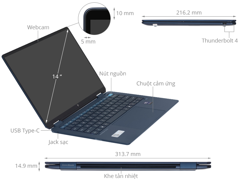 HP OmniBook UF 14 fh0038TU - B2CP4PA (Ultra 9 288V, 32GB, 1TB, 2.8K OLED 120Hz, Cảm ứng, OfficeHS+365, Win11)