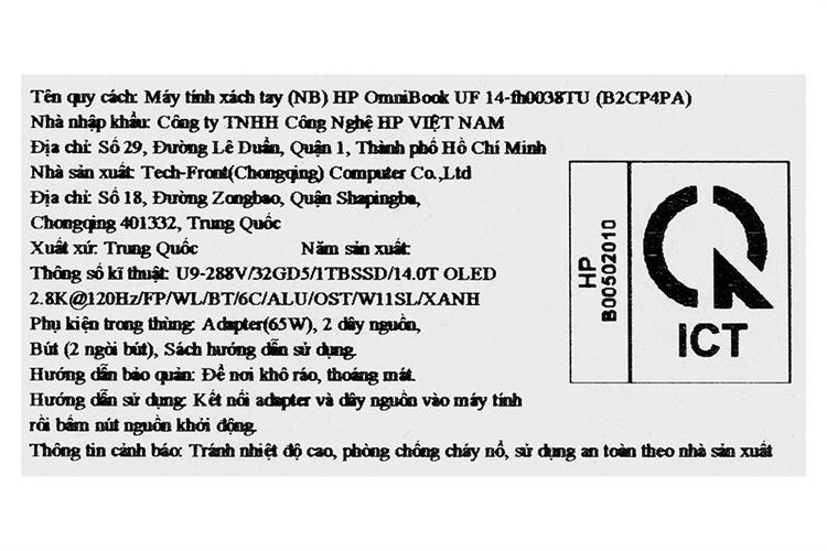 Laptop HP OmniBook UF 14 fh0038TU - B2CP4PA (Ultra 9 288V, 32GB, 1TB, 2.8K OLED 120Hz, Cảm ứng, OfficeHS+365, Win11) Màu Xanh