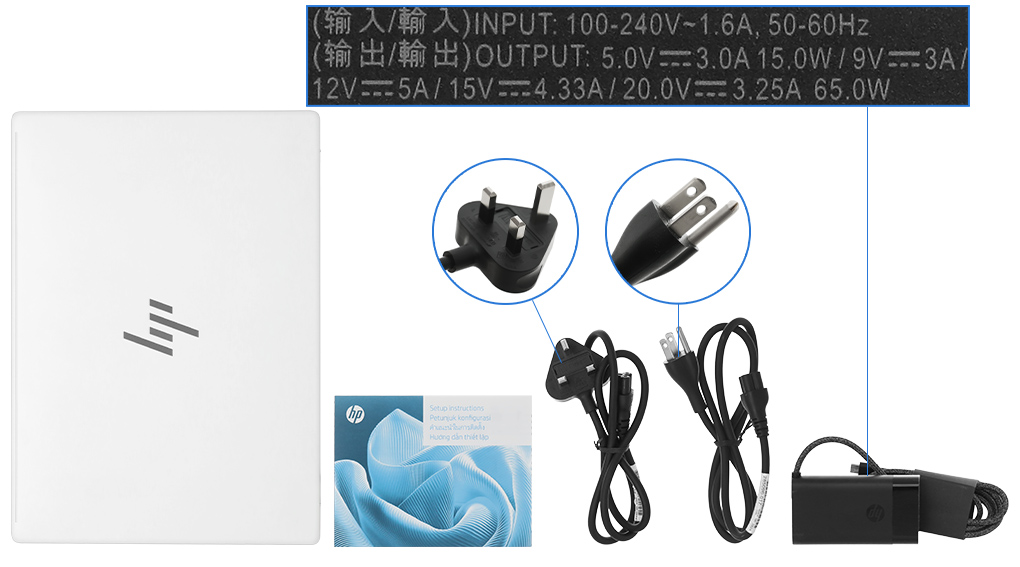 Bộ sản phẩm gồm: Sách hướng dẫn, Thùng máy, Sạc Laptop HP ( 65W USB-C )