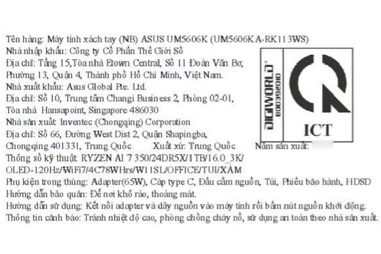 Laptop Asus Zenbook S16 UM5606KA - RK113WS (R7 AI 350, 24GB, 1TB, 2.8K OLED 120Hz, OfficeH24+365, Win11) Màu Xám