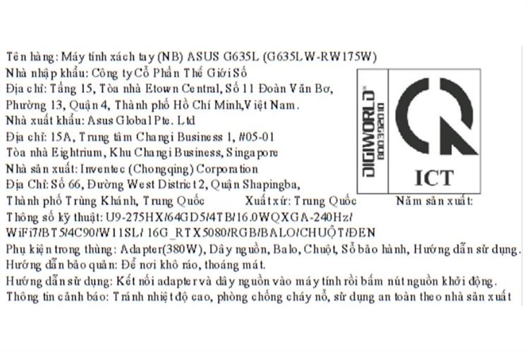 Laptop Asus Gaming ROG Strix SCAR 16 G635LW - RW175W (Ultra 9 275HX, 64GB, 4TB, RTX 5080 16GB, WQXGA 240Hz, Win11) Màu Đen