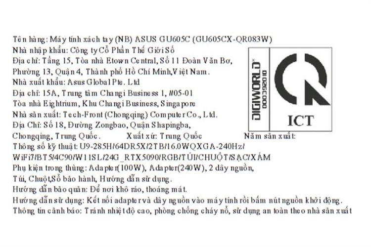 Laptop Asus Gaming ROG Zephyrus G16 GU605CX - QR083W (Ultra 9 285H, 64GB, 2TB, RTX 5090 24GB, WQXGA OLED 240Hz, Win11) Màu Xám