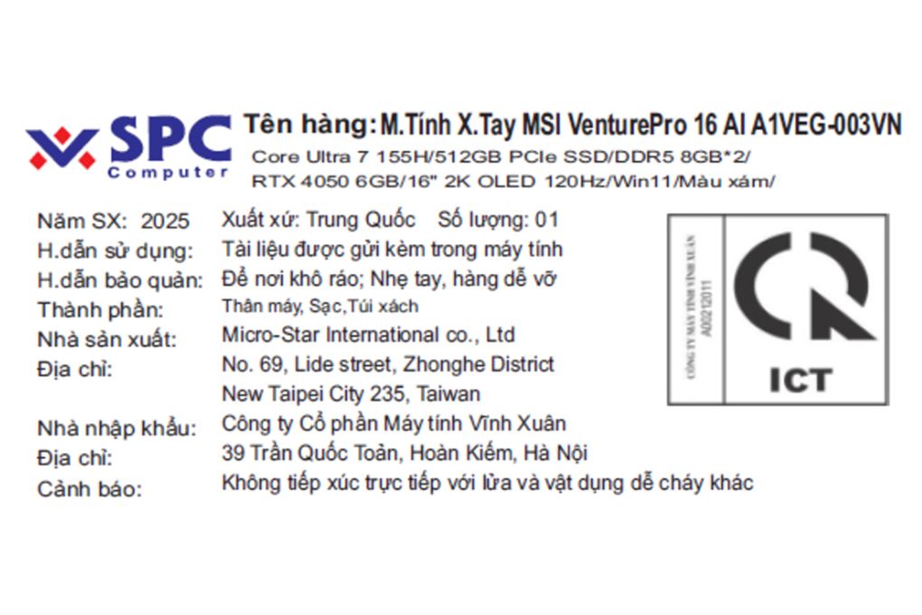 Laptop MSI VenturePro 16 AI A1VEG - 003VN (Ultra 7 155H, 16GB, 512GB, RTX 4050 6GB, 2K OLED 120Hz, Win11) Màu Xám