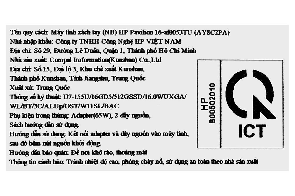 Laptop HP Pavilion 16 af0053TU - AY8C2PA (Ultra 7 155U, 16GB, 512GB, WUXGA, OfficeHS+365, Win11) Màu Bạc