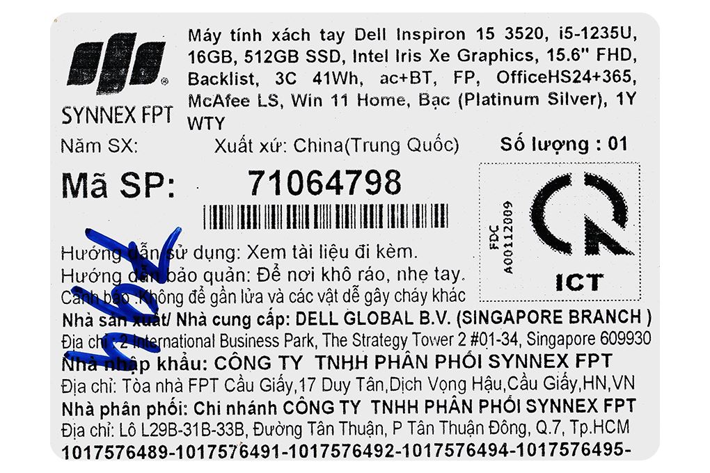 Laptop Dell Inspiron 15 3520 - 71064798 (i5 1235U, 16GB, 512GB, Full HD 120Hz, OfficeH24+365, KYHD, Win11) Màu Bạc