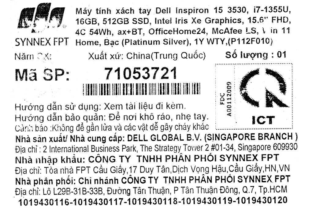 Laptop Dell Inspiron 15 3530 - 71053721 (i7 1355U, 16GB, 512GB, Full HD 120Hz, OfficeH24+365, Win11) Màu Bạc
