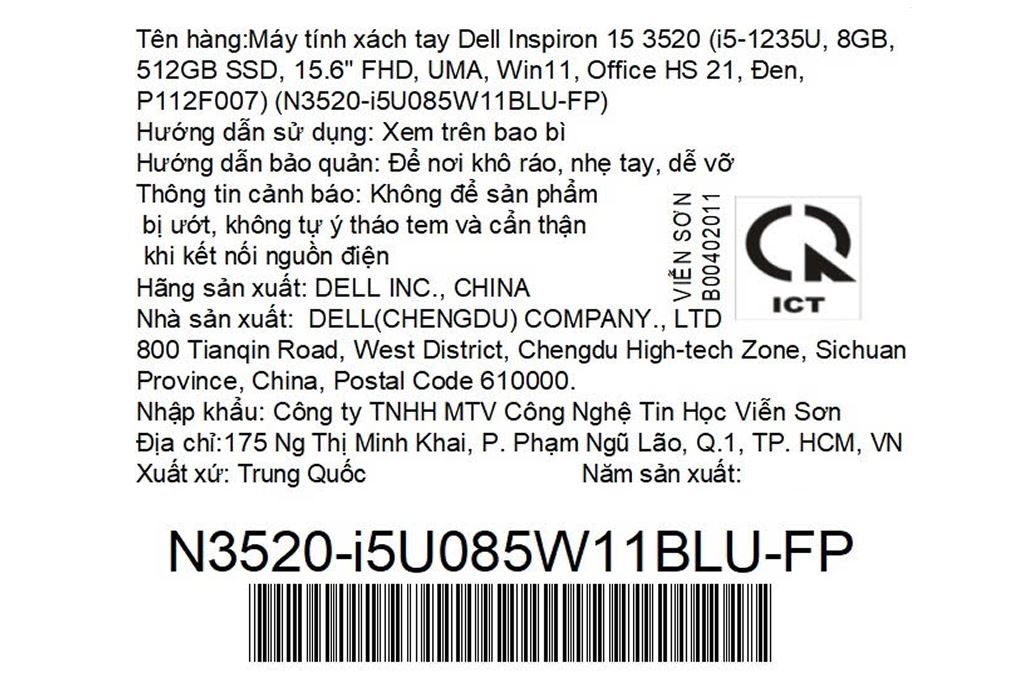 Laptop Dell Inspiron 15 3520 - N3520-i5U085W11BLU-FP (i5 1235U, 8GB, 512GB, Full HD 120Hz, OfficeH24+365, Win11) - 15