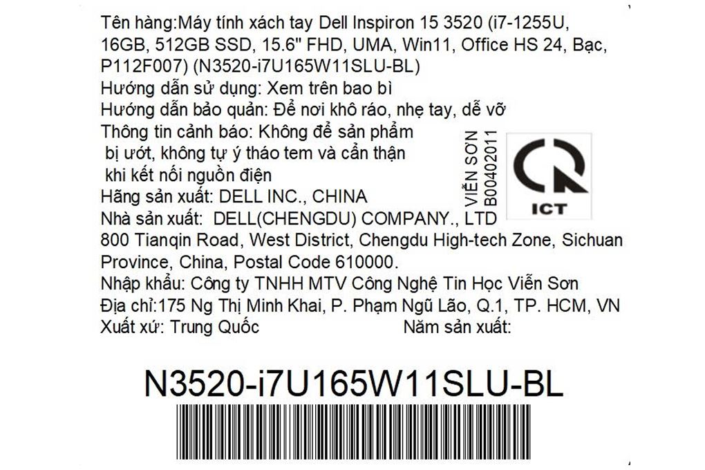 Laptop Dell Inspiron 15 3520 - N3520-i7U165W11SLU-BL (i7 1255U, 16GB, 512GB, Full HD 120Hz, OfficeH24+365, Win11) Màu Bạc
